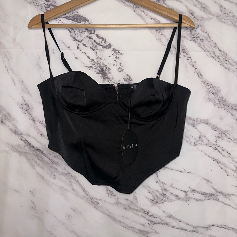 White Fox Boutique Black Satin Corset Crop Top